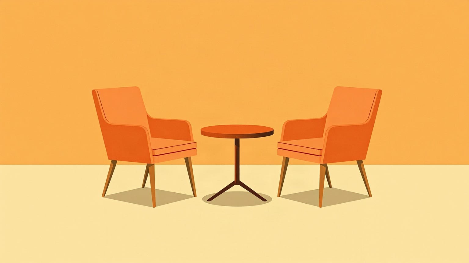 Cut-paper illustration: two facing chairs across a low round table.