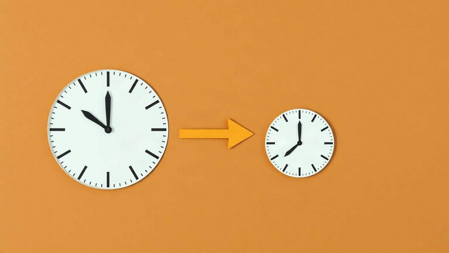 Two cut-paper clock faces on a sand ground, the second much smaller than the first, an ochre arrow between them