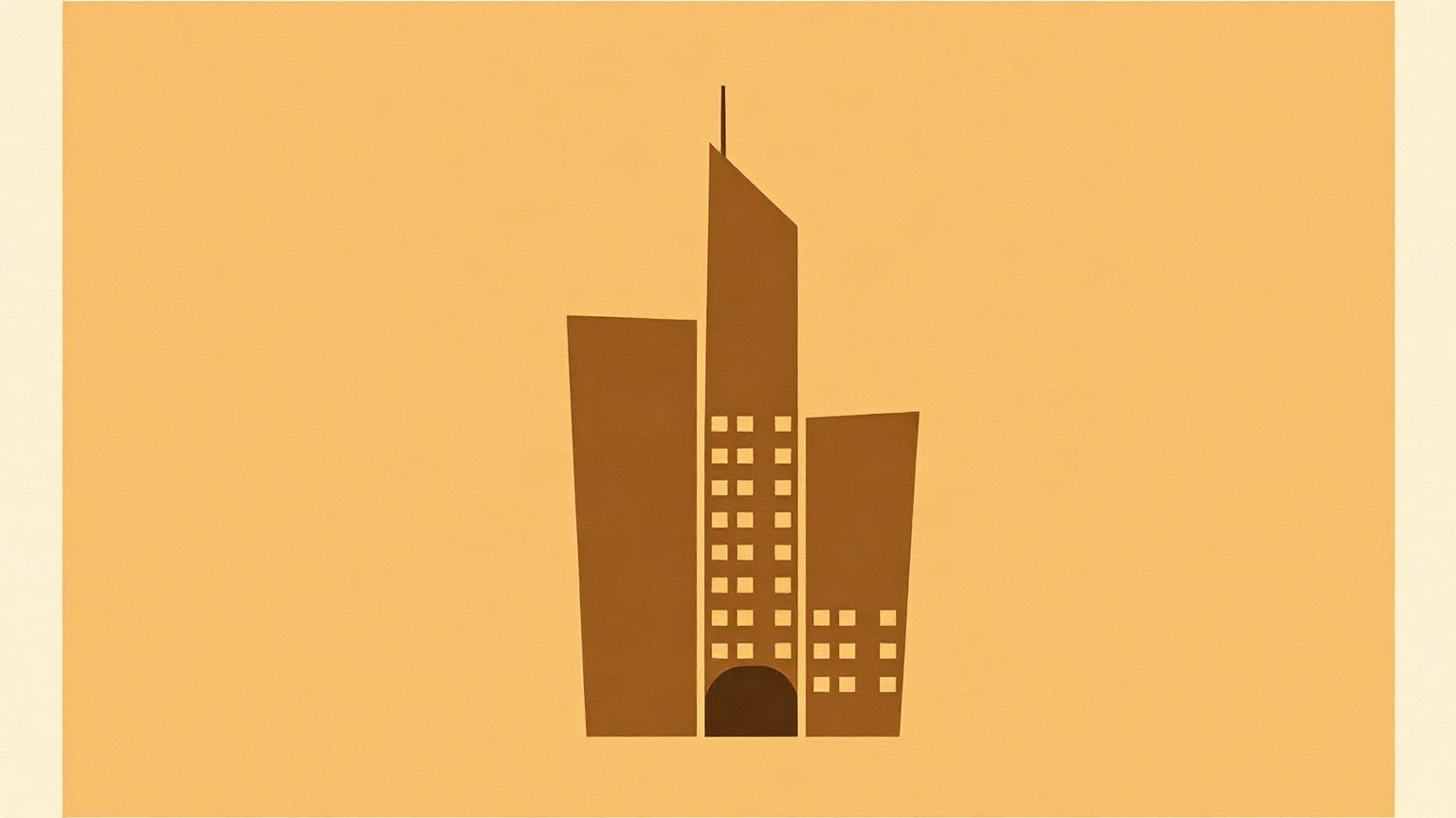 Cut-paper illustration: three tower blocks of different heights with a key shape at their base.