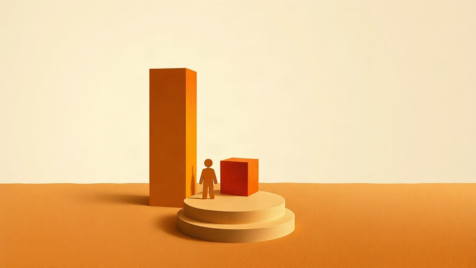 Three tobacco-brown paper cards of increasing height standing on a sand ground, each with a small cream band across it